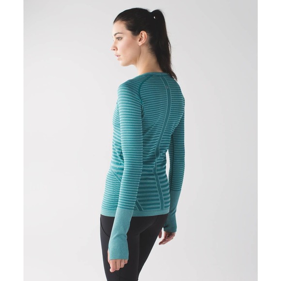 Lululemon Swiftly Tech Long Sleeve Top 4 Striped Teal Crew Neck - Picture 4 of 13